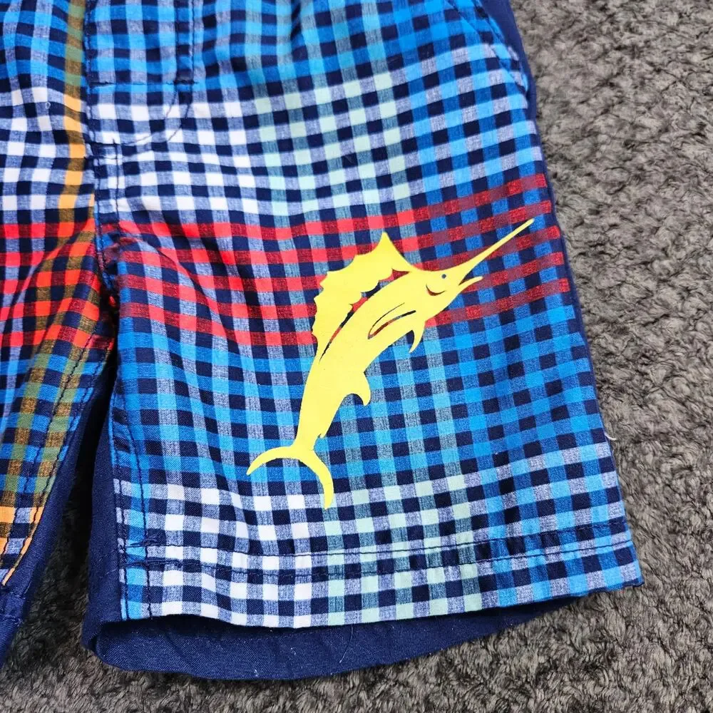 Kids Tommy Bahama Size 4T Swim Trunk Short Red White Blue Plaid Yellow Fish Logo - Picture 5 of 6